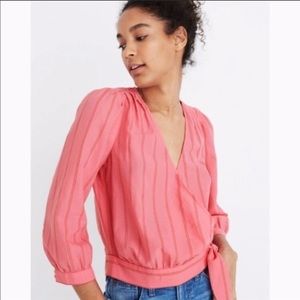 Madewell pink and red striped wrap blouse
